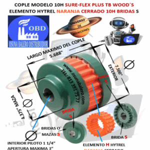 10H COPLE TB WOOD´S SURE-FLEX HYTREL NARANJA CERRADO EXTERIOR 7.500” LARGO 5.688”