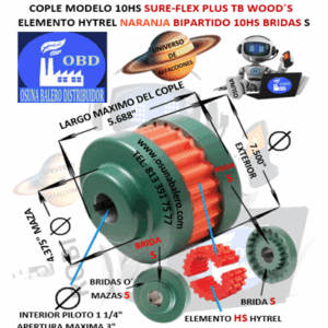 10HS COPLE TB WOOD´S SURE-FLEX HYTREL NARANJA BIPARTIDO EXTERIOR 7.500” LARGO 5.688”
