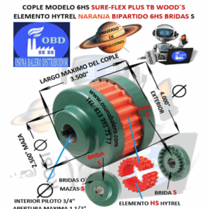6HS COPLE TB WOOD´S SURE-FLEX HYTREL NARANJA BIPARTIDO EXTERIOR 4.000” LARGO 3.500”