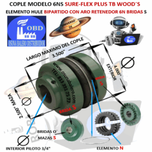 6NS COPLE TB WOOD´S SURE-FLEX BIPARTIDO CON ARO RETENEDOR EXTERIOR 4.000” LARGO 3.500”