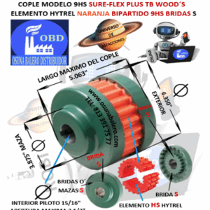 9HS COPLE TB WOOD´S SURE-FLEX HYTREL NARANJA BIPARTIDO EXTERIOR 6.350” LARGO 5.063”