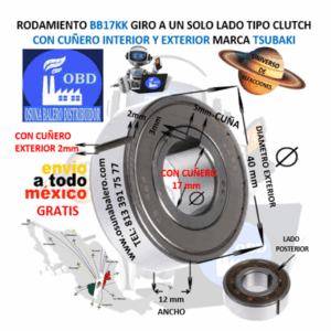 BB17KK CLUTCH TSUBAKI FRENO DE BOLAS CON CUÑA INTERIOR Y CUÑA EXTERIOR FLECHA 17mm EXTERIOR 40mm ANCHO 12mm