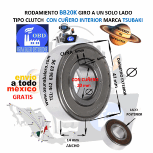BB20K CLUTCH TSUBAKI FRENO DE BOLAS CON CUÑA INTERIOR FLECHA 20mm EXTERIOR 47mm ANCHO 14mm