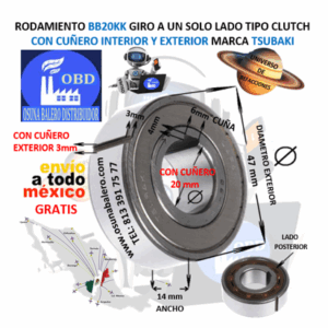 BB20KK CLUTCH TSUBAKI FRENO DE BOLAS CON CUÑA INTERIOR Y CUÑA EXTERIOR FLECHA 20mm EXTERIOR 47mm ANCHO 14mm