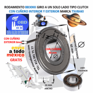 BB30KK CLUTCH TSUBAKI FRENO DE BOLAS CON CUÑA INTERIOR Y CUÑA EXTERIOR FLECHA 30mm EXTERIOR 62mm ANCHO 16mm