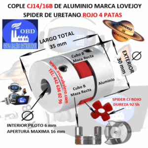 CJ14/16B COPLE LOVEJOY DE ALUMINIO MAZAS RECTAS EXTERIOR 30mm LARGO 35mm CON SPIDER CJ14 DUREZA 92A ROJO NO. PARTE 68514461983