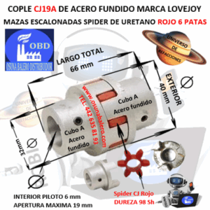 CJ19A COPLE LOVEJOY DE FIERRO MAZAS ESCALONADAS EXTERIOR 40mm LARGO 66mm SPIDER CJ19 DUREZA 98A ROJO NO. PARTE 68514476351
