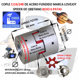 CJ19/24B COPLE LOVEJOY DE FIERRO MAZAS RECTAS EXTERIOR 40mm LARGO 66mm SPIDER CJ19 DUREZA 98A ROJO NO. PARTE 6851441154