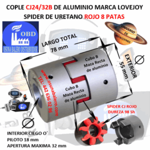 CJ24/32B-S COPLE LOVEJOY DE ALUMINO MAZAS RECTAS EXTERIOR 55mm LARGO 78mm CON SPIDER CJ24 DUREZA 98A ROJO NO. PARTE 68514471444
