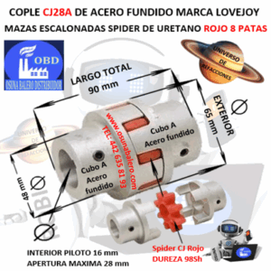 CJ28A COPLE LOVEJOY DE FIERRO MAZAS ESCALONADAS EXTERIOR 65mm LARGO 90mm SPIDER CJ28 DUREZA 98A ROJO NO. PARTE 68514462012