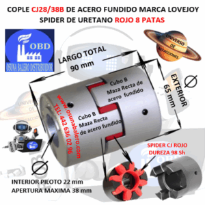 CJ28/38B COPLE LOVEJOY DE FIERRO MAZAS RECTAS EXTERIOR 65mm LARGO 90mm CON SPIDER CJ28 DUREZA 98A ROJO NO. PARTE 68514460881