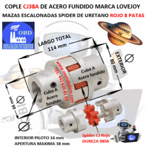 CJ38A COPLE LOVEJOY DE FIERRO MAZAS ESCALONADASEXTERIOR 80mm LARGO 114mm SPIDER CJ38 DUREZA 98A ROJO NO. PARTE 68514462020
