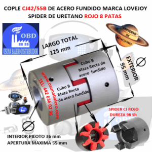 CJ42/55B COPLE LOVEJOY DE FIERRO MAZAS RECTAS EXTERIOR 95mm LARGO 125mm CON SPIDER CJ42 DUREZA 98A ROJO NO. PARTE 68514462048