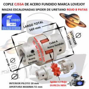 CJ55A COPLE LOVEJOY DE FIERRO MAZAS ESCALONADAS EXTERIOR 120mm LARGO 160mm SPIDER CJ55 DUREZA 98A ROJO NO. PARTE 68514462416