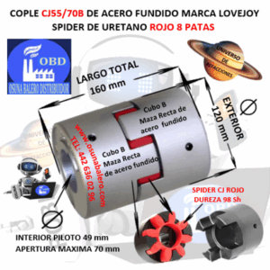 CJ55/70B COPLE LOVEJOY DE FIERRO MAZAS RECTAS EXTERIOR 120mm LARGO 160mm CON SPIDER CJ55 DUREZA 98A ROJO NO. PARTE 68514462060