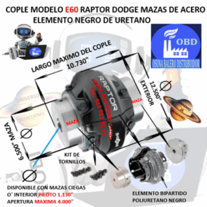 E60 COPLE DODGE RAPTOR BARRENO PILOTO EXTERIOR 12.500” LARGO 10.130”