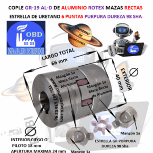 GR-19 AL-D COPLE ROTEX DE ALUMINIO MAZAS RECTAS 1a EXTERIOR 40mm LARGO 66mm ESTRELLA PURPURA GR-19 DUREZA 98A