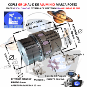 GR-19 AL-D COPLE ROTEX DE ALUMINIO MAZAS ESCALONADAS (1) EXTERIOR 40mm LARGO 66mm ESTRELLA PURPURA GR-19 DUREZA 98 SHA