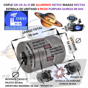 GR-24 AL-D COPLE ROTEX ( KTR ) DE ALUMINO MAZAS RECTAS (1a) PILOTO CON SPIDER 98ShA PURPURA EXTERIOR 55mm LARGO 78mm