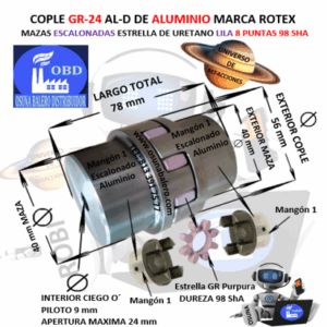 GR-24 AL-D COPLE ROTEX ( KTR ) DE ALUMINO MAZAS ESCALONADAS (1) PILOTO CON SPIDER 98ShA PURPURA EXTERIOR 55mm LARGO 78mm