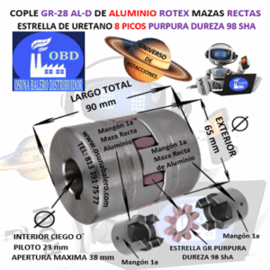 GR-28 AL-D COPLE ROTEX ( KTR ) DE ALUMINO MAZAS RECTAS (1a) PILOTO CON SPIDER 98ShA PURPURA EXTERIOR 65mm LARGO 90mm