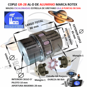 GR-28 AL-D COPLE ROTEX ( KTR ) DE ALUMINO  MAZAS ESCALONADAS (1) PILOTO CON SPIDER 98ShA PURPURA EXTERIOR 65mm LARGO 90mm