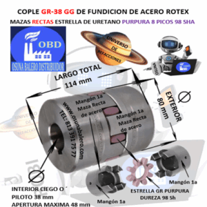 GR-38 COPLE ROTEX ( KTR ) DE FIERRO (GG) MAZAS RECTAS (1a) PILOTO CON SPIDER 98ShA PURPURA EXTERIOR 80mm LARGO 114mm