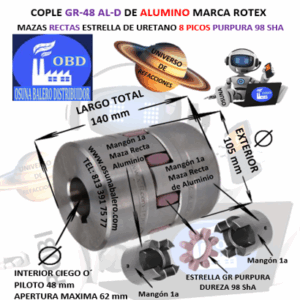 GR-48 AL-D COPLE ROTEX ( KTR ) DE ALUMINIO MAZAS RECTAS (1a) PILOTO CON SPIDER 98ShA PURPURA EXTERIOR 105mm LARGO 140mm