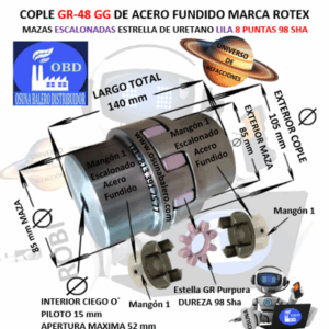 GR-48 COPLE ROTEX ( KTR ) DE FIERRO (GG) MAZAS ESCALONADAS (1) PILOTO CON SPIDER 98ShA PURPURA EXTERIOR 105mm LARGO 140mm