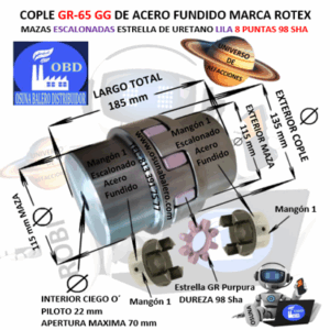 GR-65 COPLE ROTEX ( KTR ) DE FIERRO (GG) MAZAS ESCALONADAS (1) PILOTO CON SPIDER 98ShA PURPURA EXTERIOR =135mm LARGO =185mm