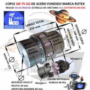 GR-75 COPLE ROTEX ( KTR ) DE FIERRO (GG) MAZAS ESCALONADAS (1) PILOTO CON SPIDER 98ShA PURPURA EXTERIOR =160mm LARGO =210mm