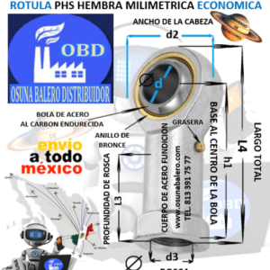 PHS-10 L ROTULA HEMBRA d=10mm d3=ROSCA M10 X 1.5 IZQUIERDA MARCA OBD