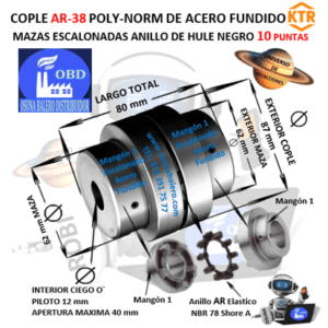 AR-38 COPLE POLY-NORM KTR DE HIERRO FUNDICION CON ANILLO DE HULE NEGRO EXTERIOR =87mm LARGO =80mm MAZA=62mm