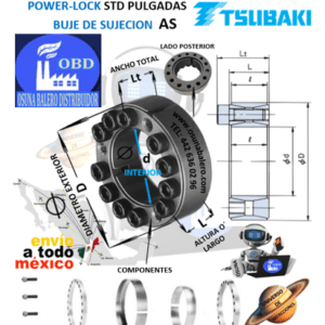 PL2 AS POWER-LOCK TSUBAKI INTERIOR d: 2.000” EXTERIOR D: 3.346” LARGO L: 0.945” ANCHO Lt: 1.260”