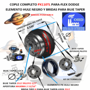 PX110TL COPLE COMPLETO DODGE PARA-FLEX CON BUJES TAPER-LOCK EXTERIOR 11.000”  LARGO 4.530”