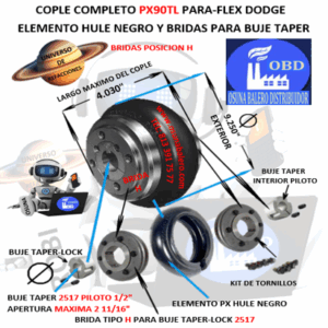 PX90TL COPLE COMPLETO DODGE PARA-FLEX CON BUJES TAPER-LOCK EXTERIOR 9.250”  LARGO 4.030”