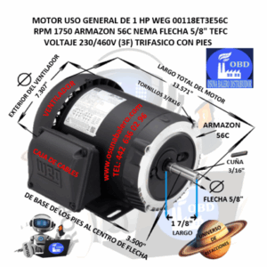 00118ET3E56C MOTOR WEG 1HP 1750RPM 230/460V BRIDA 56C TRIFASICO