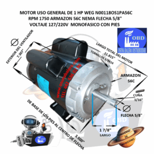 N00118OS1PA56C MOTOR 1HP WEG MONOFASICO 127/220V BRIDA 56C