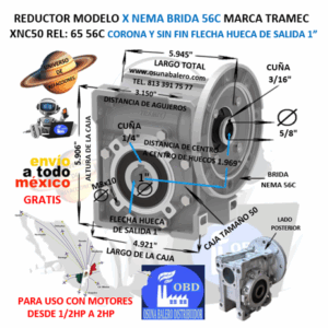 XNC50 65 56C REDUCTOR TRAMEC BRIDA 56C REL 65:1  CORONA Y SIN FIN FLECHA HUECA SALIDA 1”