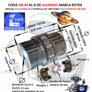 GR-38 AL-D COPLE ROTEX ( KTR ) ALUMINIO MAZAS ESCALONADAS (1) PILOTO CON SPIDER 98ShA PURPURA EXTERIOR 80mm LARGO 114mm