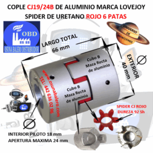 CJ19/24B COPLE LOVEJOY DE ALUMINIO MAZAS RECTAS EXTERIOR 40mm LARGO 66mm CON SPIDER CJ19 DUREZA 98A ROJO NO. PARTE 68514471442