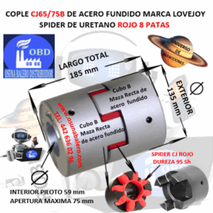CJ65/75B COPLE LOVEJOY DE FIERRO MAZAS RECTAS EXTERIOR 135mm LARGO 185mm CON SPIDER CJ65 DUREZA 95A ROJO NO. PARTE 68514462061