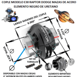 E30 COPLE DODGE RAPTOR BARRENO PILOTO EXTERIOR 8.250” LARGO 8.000”