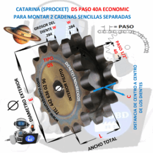 DS40A15 CATARINA PARA 2 CADENAS SENCILLAS SEPARADAS PASO 40 DE 15 DIENTES EXTERIOR E= 2.650″