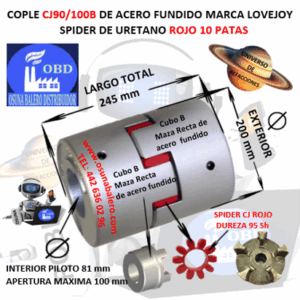 CJ90/100B COPLE COMPLETO DE FIERRO MAZAS EXTERIOR 200mm LARGO 245mm PILOTO CON SPIDER CJ90 DUREZA 95A ROJO NO. PARTE 68514462063