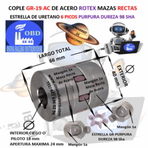 GR-19 AC COPLE ROTEX DE ACERO MAZAS RECTAS (1a) EXTERIOR 40mm LARGO 66mm ESTRELLA GR-19 DUREZA 98a PURPURA