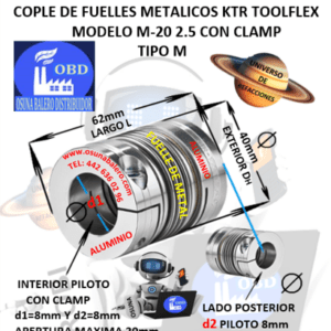 M-20 2.5 COPLE TOOLFLEX KTR DE FUELLES METALICOS CON CLAMP EXTERIOR DH=40mm LARGO L=62mm INTERIOR d1 y d2 =8mm