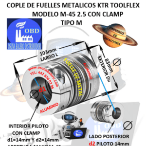 M-45 2.5 COPLE TOOLFLEX KTR DE FUELLES METALICOS CON CLAMP EXTERIOR DH=83mm LARGO L=86.5mm INTERIOR d1 y d2 =14mm