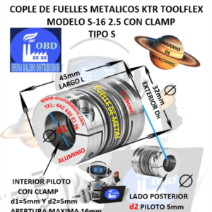 S-16 2.5 COPLE TOOLFLEX KTR DE FUELLES METALICOS CON CLAMP EXTERIOR DH=32mm LARGO L=45mm INTERIOR d1 y d2 =5mm