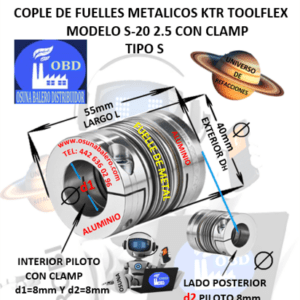 S-20 2.5 COPLE TOOLFLEX KTR DE FUELLES METALICOS CON CLAMP EXTERIOR DH=40mm LARGO L=55mm INTERIOR d1 y d2 =8mm